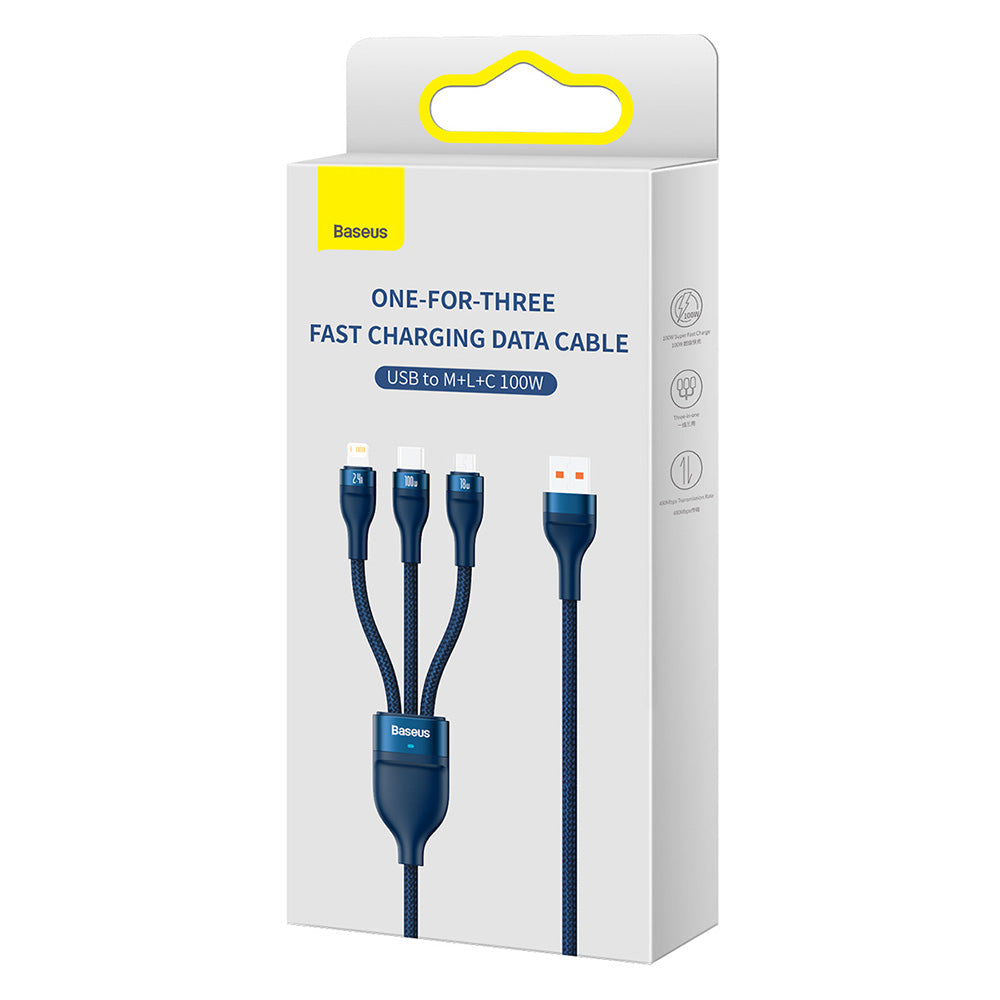 USB-A Laddningskabel - Lightning / microUSB / USB-C Baseus Flash Series II 3in1, 100W, 1.2m, Blå CASS030003