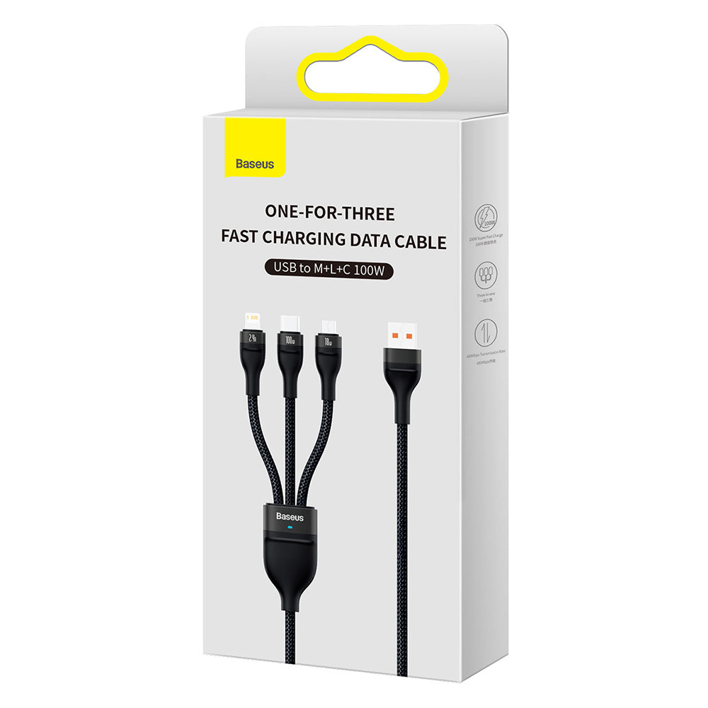 USB-A Laddningskabel - Lightning / microUSB / USB-C Baseus Flash Series II 3in1, 100W, 1.2m, Svart CASS030001