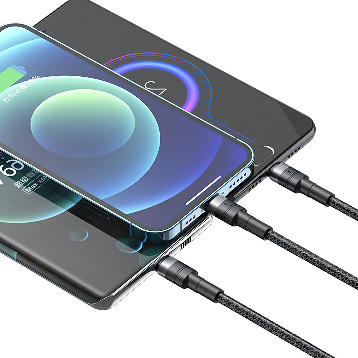USB-A - Lightning / microUSB / USB-C Laddningskabel XO Design NB-Q191 3in1, 66W, 1.2m, Svart