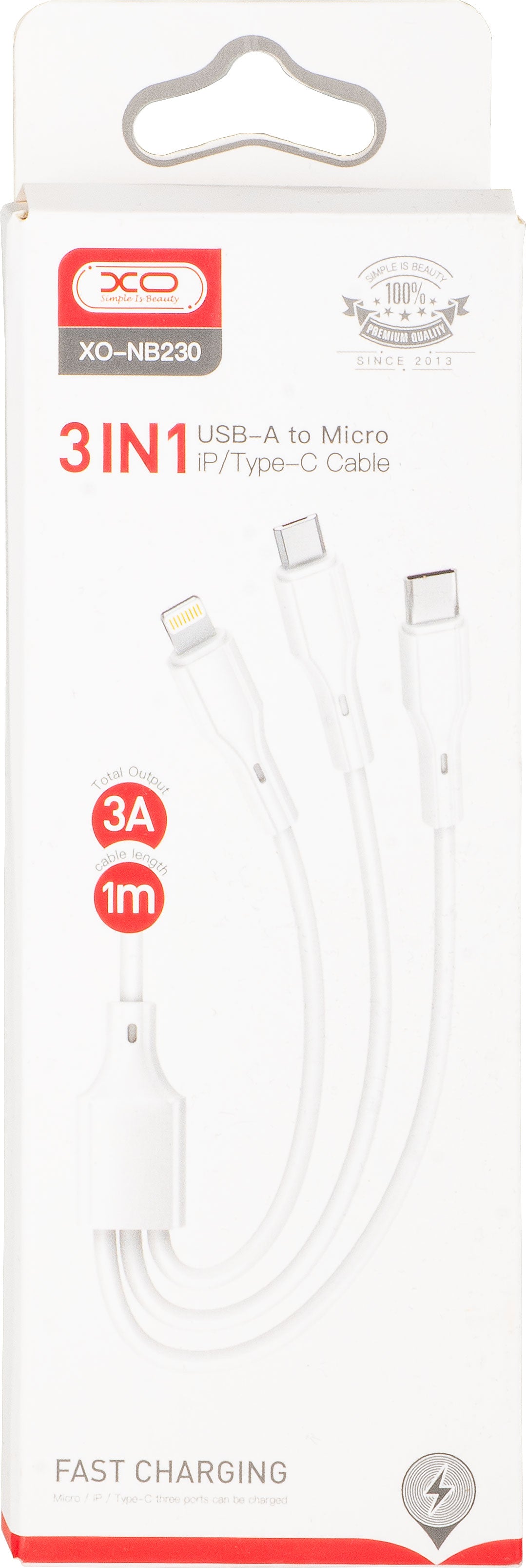 Laddningskabel USB-A - Lightning / microUSB / USB-C XO Design NB230 3in1, 20W, 1m, Vit
