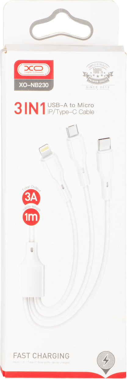 Laddningskabel USB-A - Lightning / microUSB / USB-C XO Design NB230 3in1, 20W, 1m, Vit