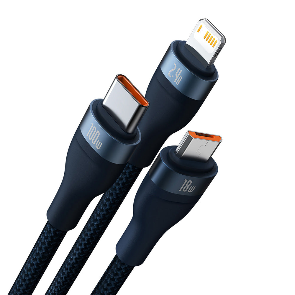 USB-A Laddningskabel - Lightning / microUSB / USB-C Baseus Flash Series II 3in1, 100W, 1.2m, Blå CASS030003