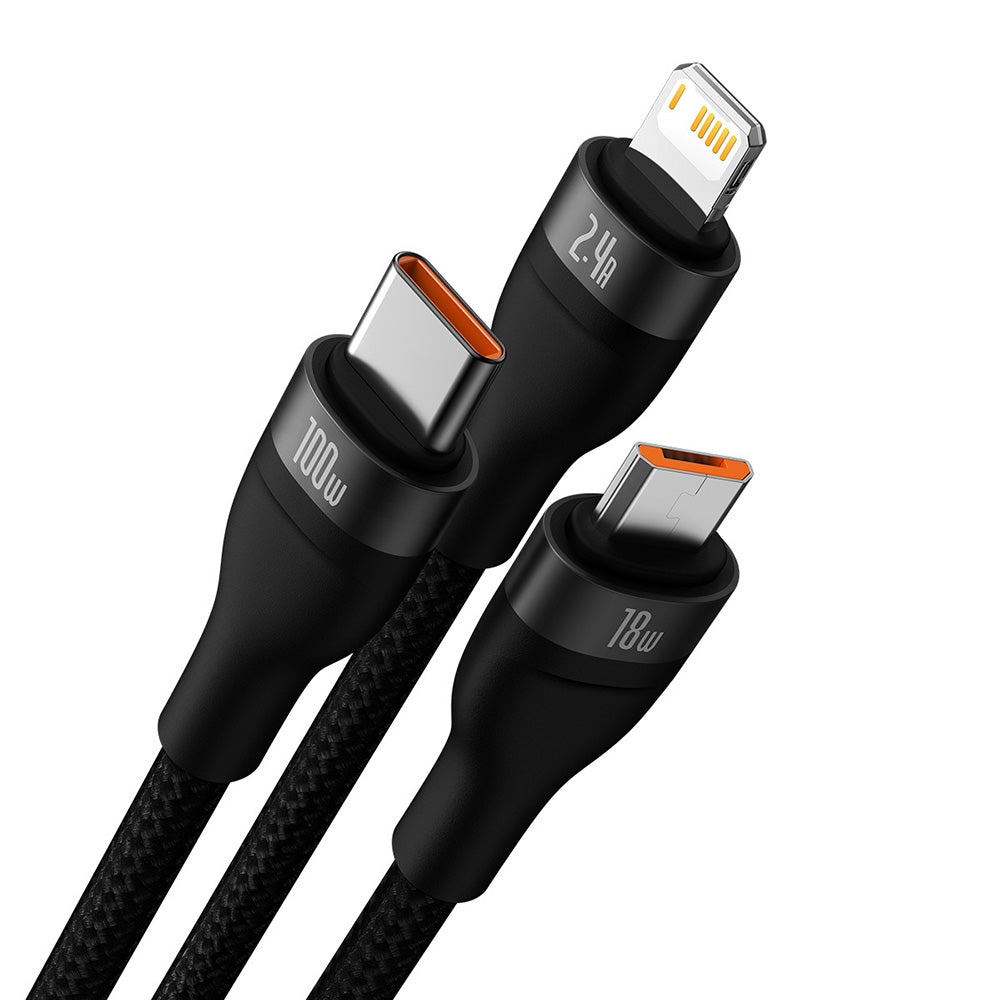 USB-A Laddningskabel - Lightning / microUSB / USB-C Baseus Flash Series II 3in1, 100W, 1.2m, Svart CASS030001