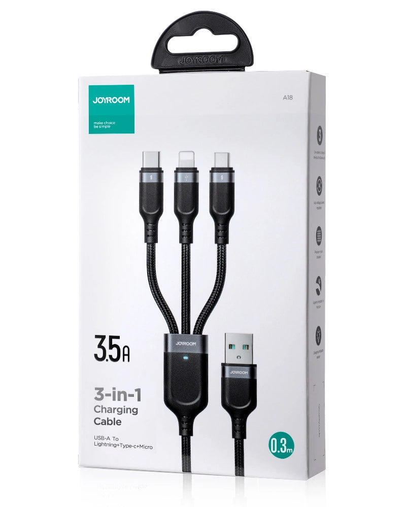USB-A - Lightning / microUSB / USB-C Joyroom S-A18 3in1 laddningskabel, 20W, 0.3m, Svart