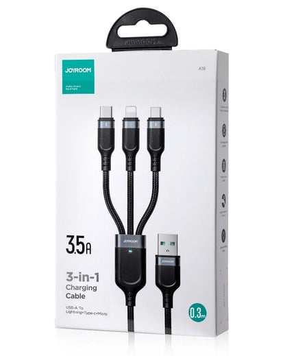 USB-A - Lightning / microUSB / USB-C Joyroom S-A18 3in1 laddningskabel, 20W, 0.3m, Svart