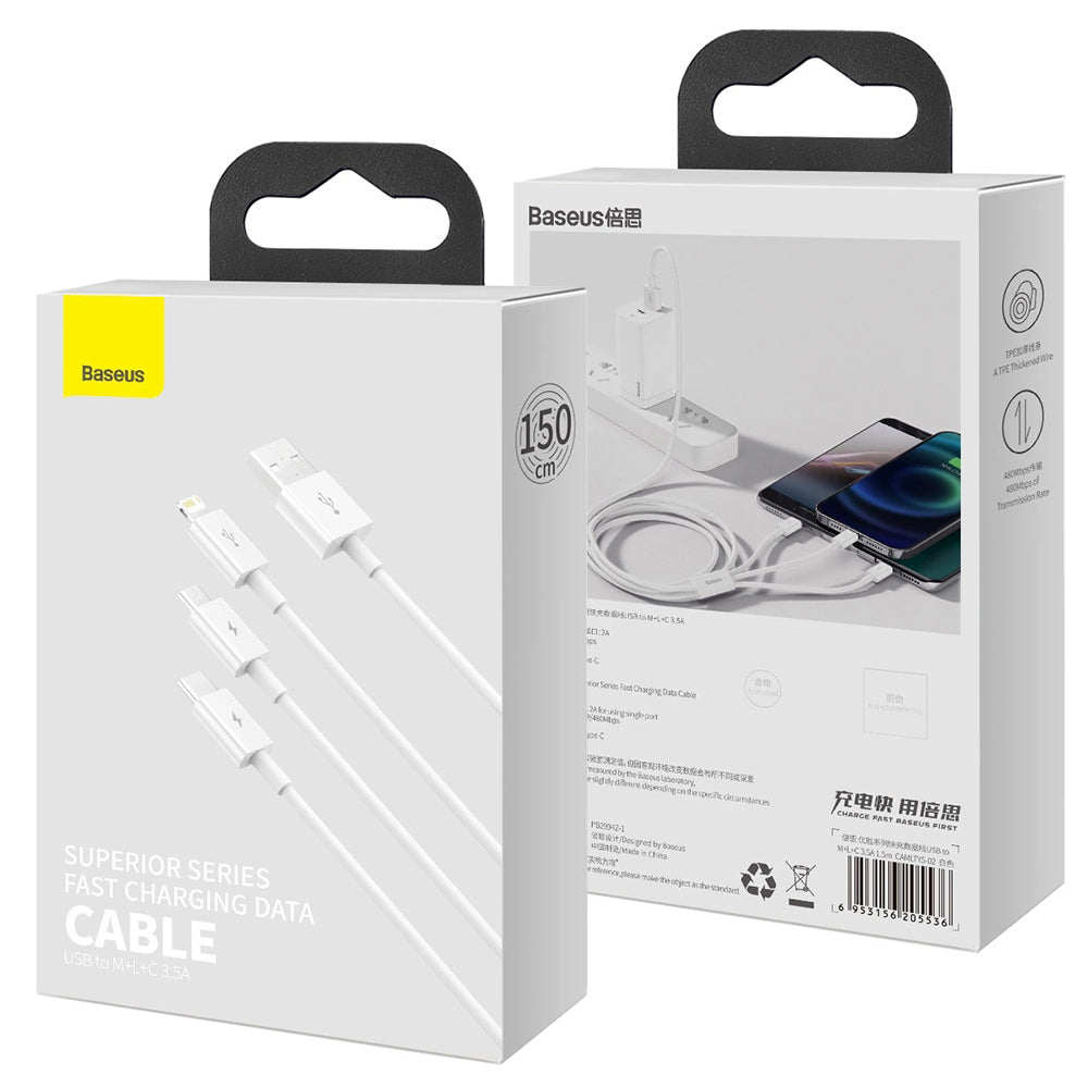 USB-A - Lightning / microUSB / USB-C Baseus Superior 3in1 Series laddningskabel, 20W, 1m, Vit P10320105221-00