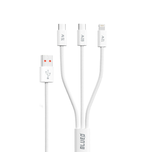 USB-A - Lightning / 2 x USB-C Blueo laddningskabel, 75W, 1.2m, Vit