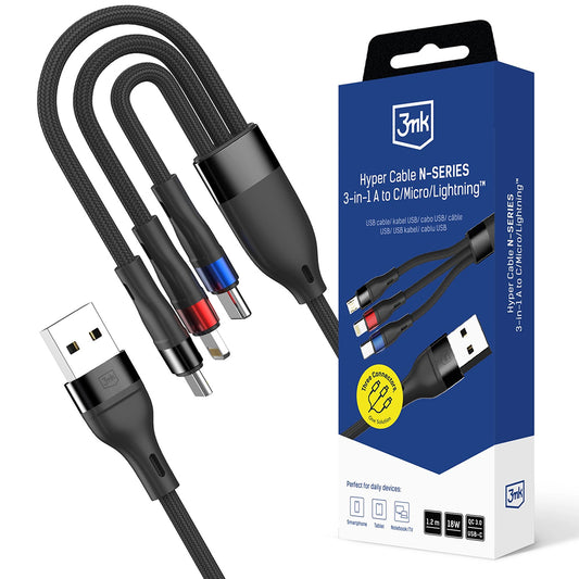 USB-A - Lightning / microUSB / USB-C 3MK Hyper N laddningskabel, 18W, 1.2m, Svart