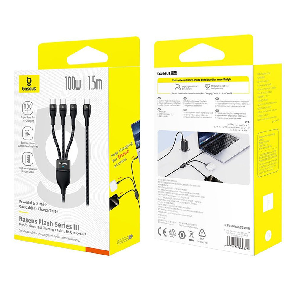 USB-C - Lightning laddningskabel / 2 x USB-C Baseus Flash Series III 3in1, 100W, 1.5m, Svart P10377502111-00