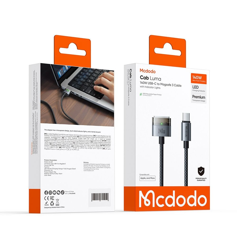 McDodo CA-2070 Laddningskabel, USB-C - MagSafe 3, 140W, 2m, Svart