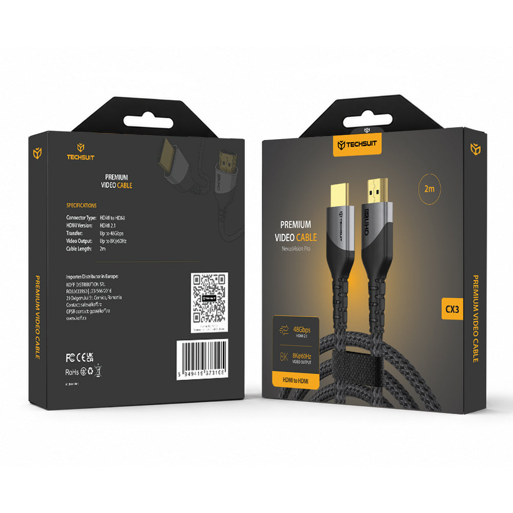 Techsuit NexusVision Pro CX3 videosladd, HDMI - HDMI, 8K, 2m, grå