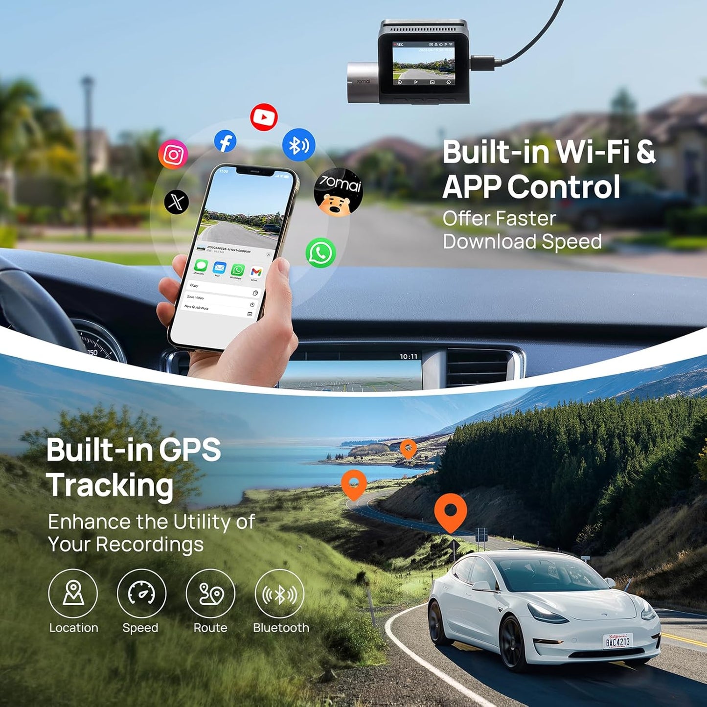 Bil Kamera Fram Bak 70mai Dash Cam A510, 3K, GPS, Wi-Fi, Display 2 tum