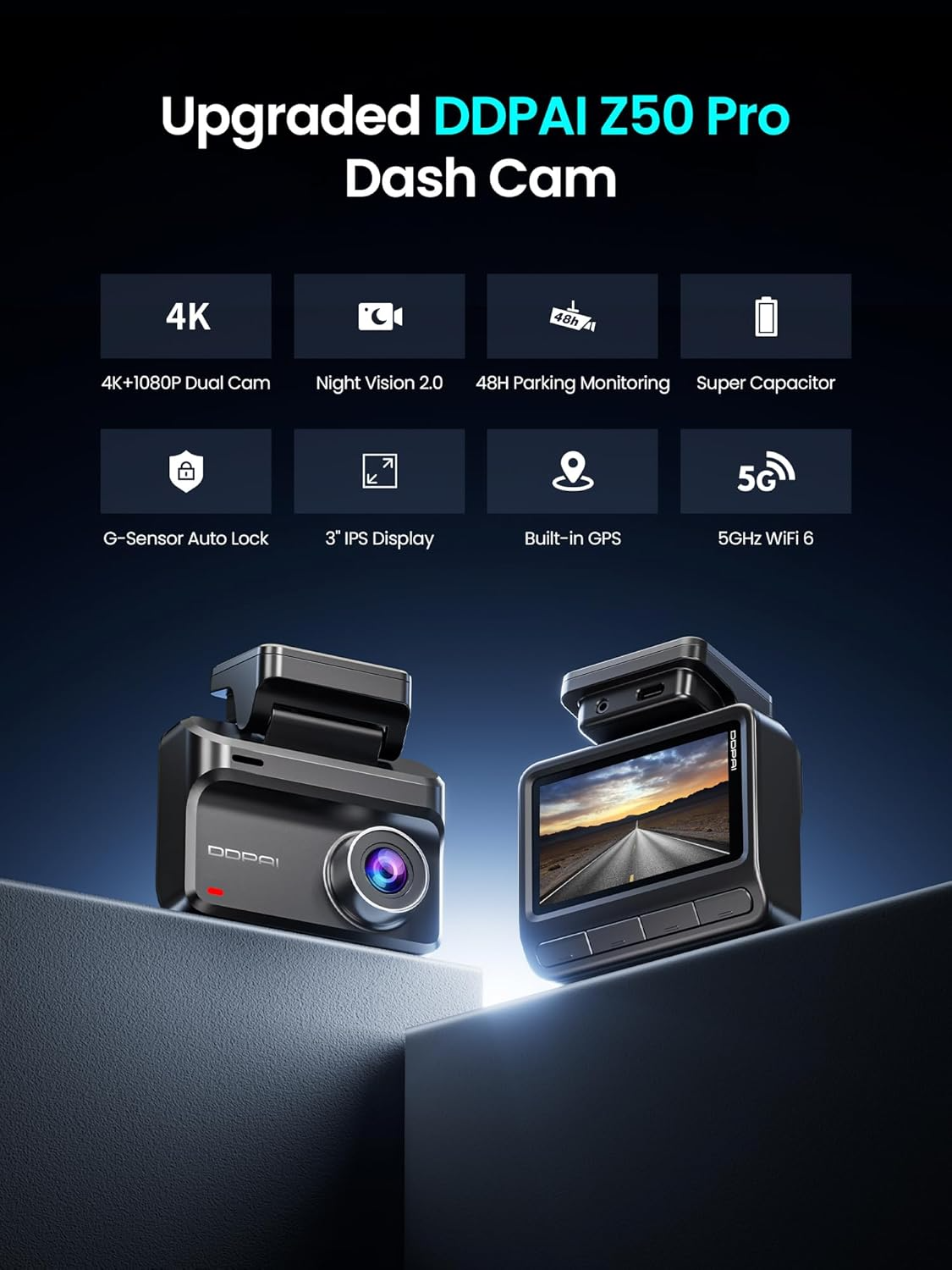Bil Kamera Fram Bak DDPAI Z50 Pro Dual, 4K, Wi-Fi, GPS, Display 3 tum