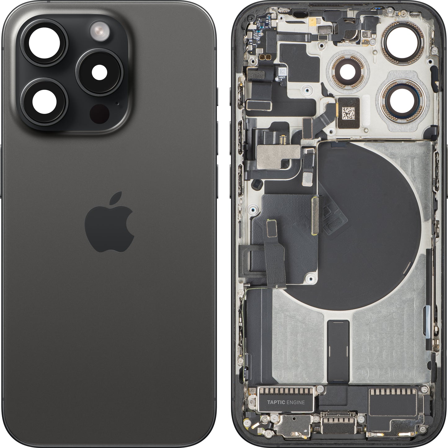 Batterilock Apple iPhone 15 Pro, med mittchassi, fulla delar, svart (Black Titanium), swap