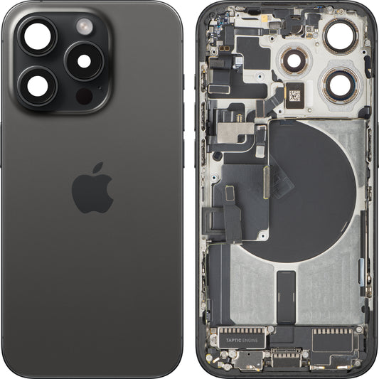Batterilock Apple iPhone 15 Pro, med mittchassi, fulla delar, svart (Black Titanium), swap