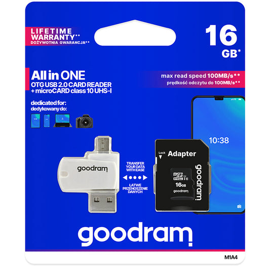 GoodRam microSDHC-minneskort, 16GB, Klass 10 / UHS-1 U1, med kortläsare och adapter M1A4-0160R12
