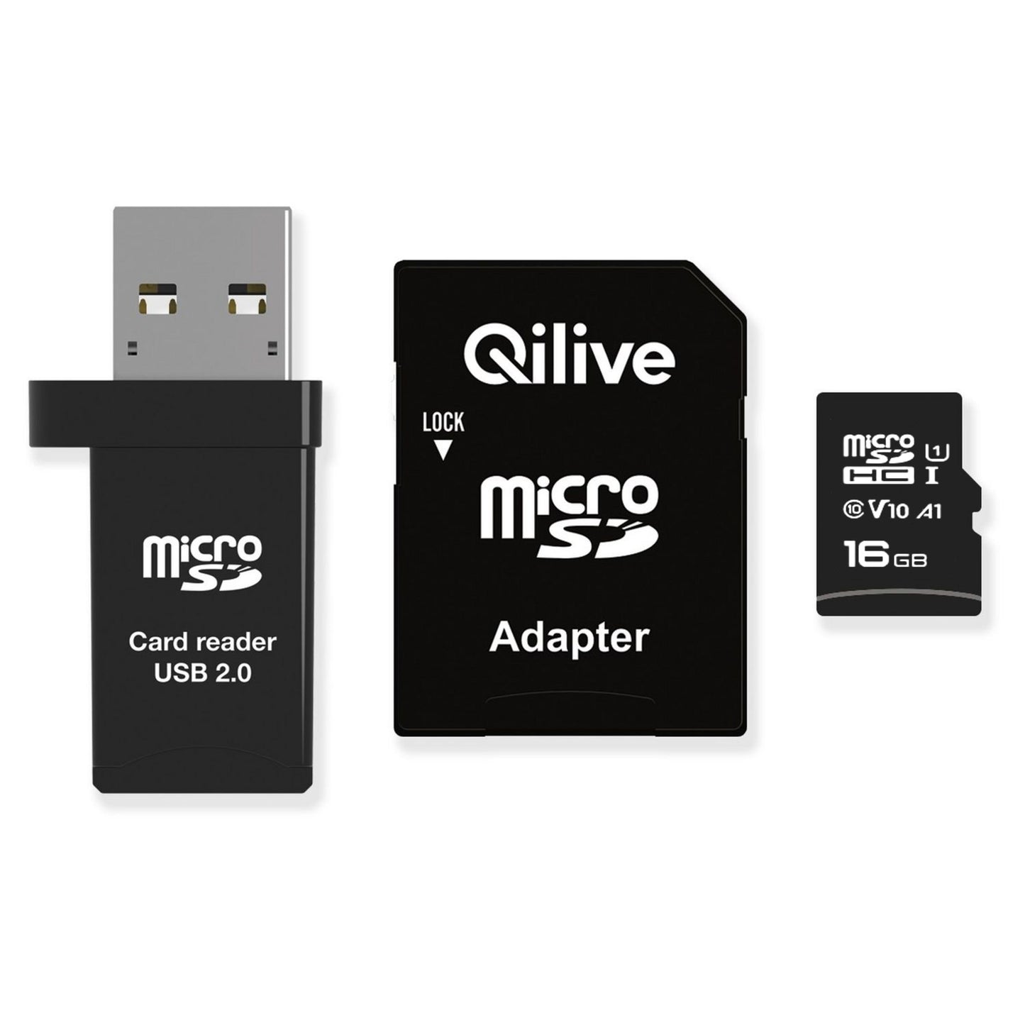 microSDHC Qilive minneskort, 16GB, Klass 10, med kortläsare och adapter EKMSDM16GHC10QL