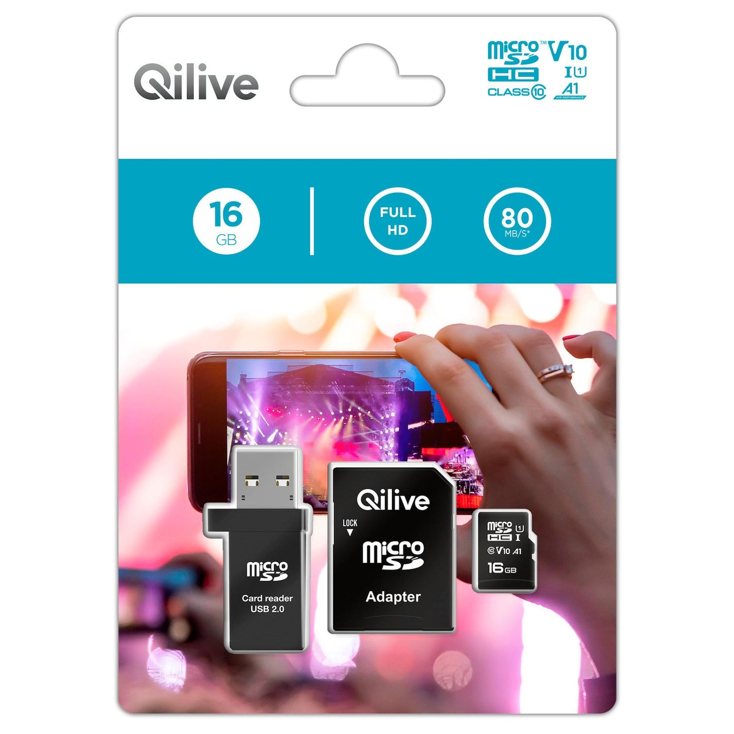 microSDHC Qilive minneskort, 16GB, Klass 10, med kortläsare och adapter EKMSDM16GHC10QL