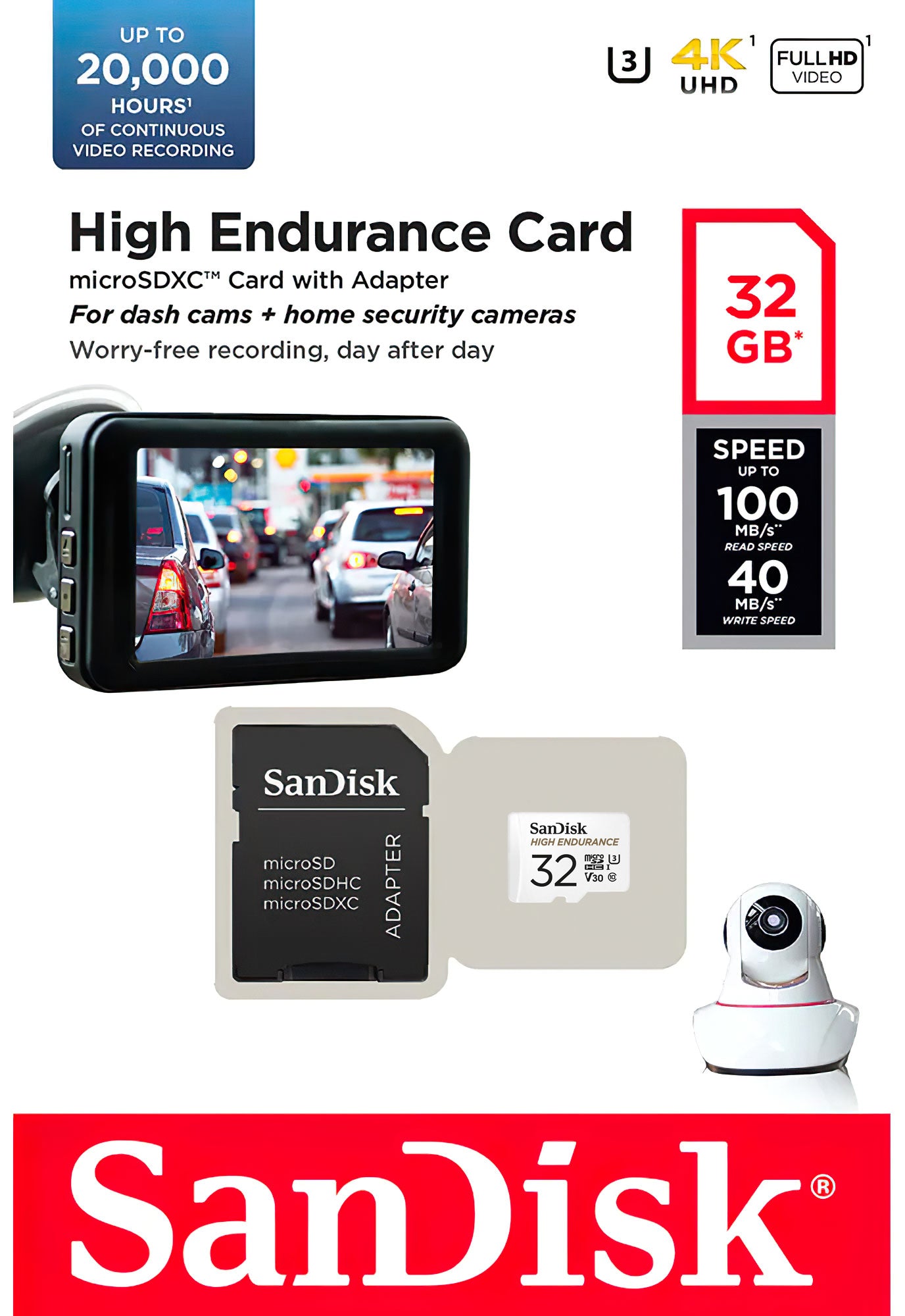 SanDisk High Endurance microSDHC-minneskort, 32GB, Klass 10 / UHS-1 U3, med adapter SDSQQNR-032G-GN6IA