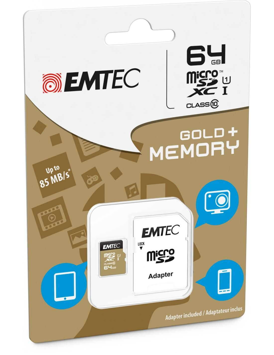 Minneskort microSDXC Emtec Gold+, 64Gb, Klass 10 / UHS-1 U1, Med Adapter ECMSDM64GXC10GP