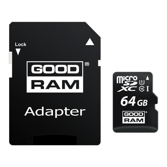 GoodRam microSDXC-minneskort, 64GB, Klass 10 / UHS-1 U1, Med adapter M1AA-0640R12
