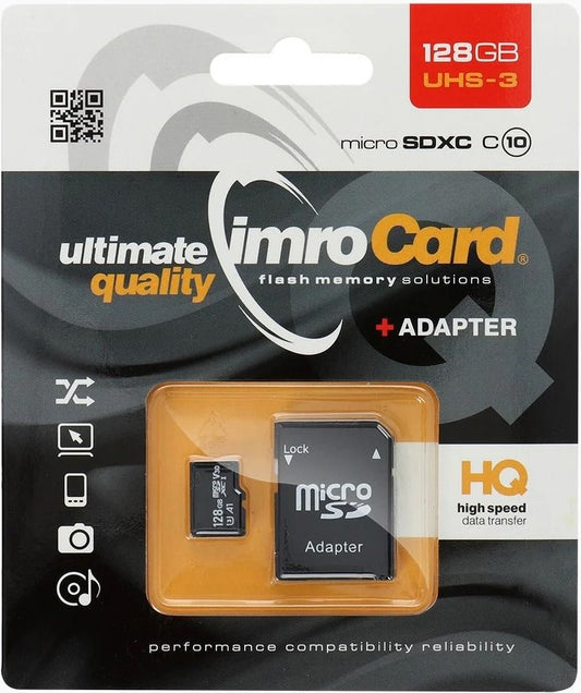 Imro microSDXC-minneskort, 128Gb, Klass 10 / UHS-1 U3, Med Adapter