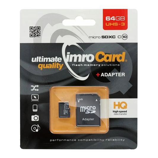 Imro microSDXC-minneskort, 64GB, Klass 10 / UHS-1 U3, med adapter