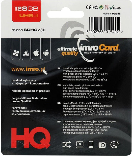 Minneskort microSDXC Imro, 128Gb, Klass 10 / UHS-1 U1, Med Adapter