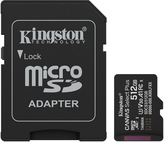 Kingston Canvas Select Plus Android A1 microSDXC-minneskort, 512GB, Klass 10 / UHS-1 U3, med adapter SDCS3/512GB