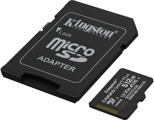 Kingston Canvas Select Plus Android A1 microSDXC-minneskort, 512GB, Klass 10 / UHS-1 U3, med adapter SDCS3/512GB