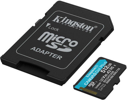 Kingston Canvas Go Plus microSDXC-minneskort för Android A2, 512Gb, Klass 10 / UHS-1 U3, Med Adapter SDCG4/512GB