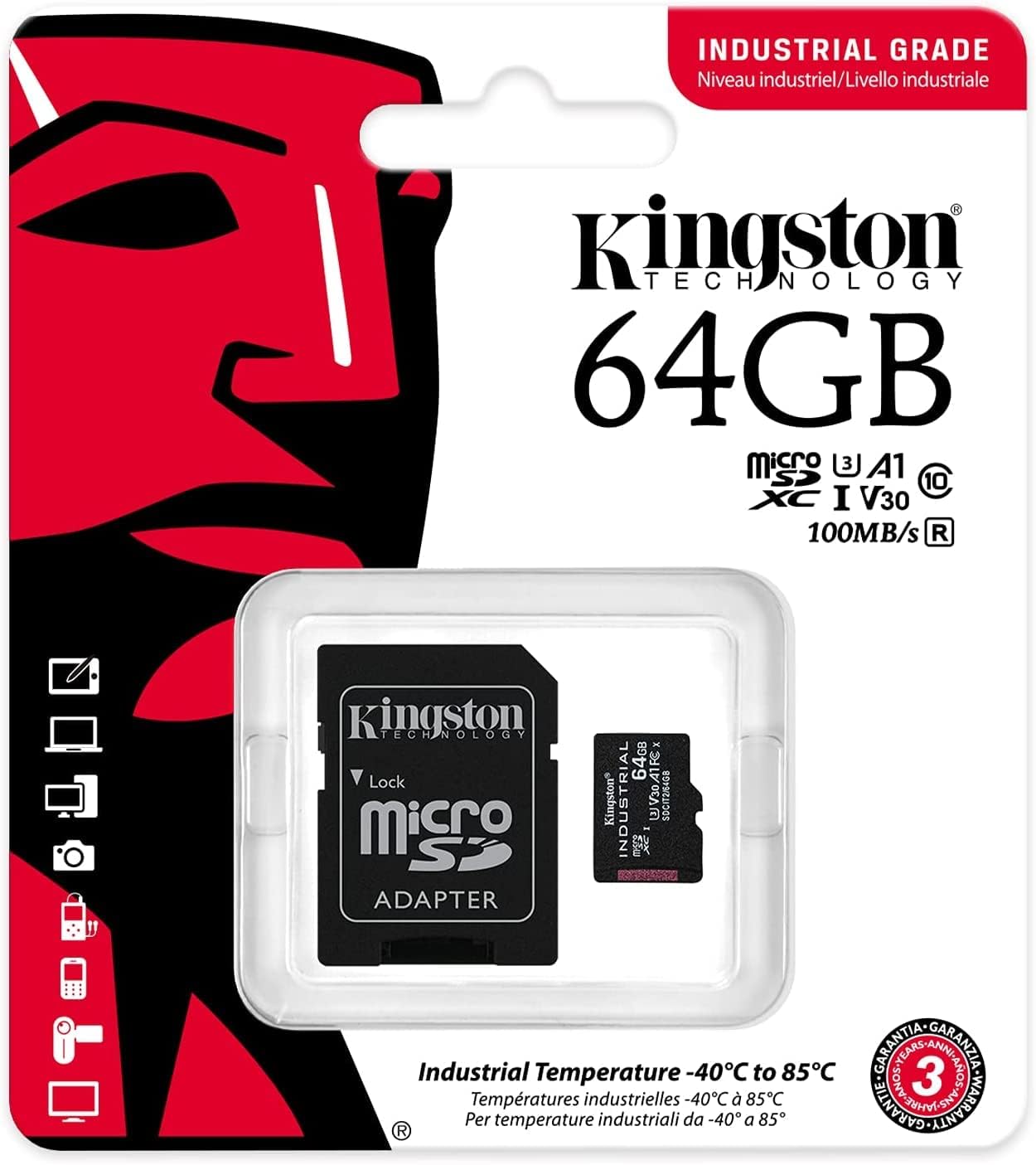 Minneskort microSDXC Kingston Industrial, 64Gb, Klass 10 / UHS-1 U3, Med Adapter SDCIT2/64GB