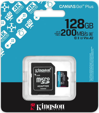 Minneskort microSDXC Kingston Canvas Go Plus Android A2, 128Gb, Klass 10 / UHS-1 U3, Med Adapter SDCG4/128GB