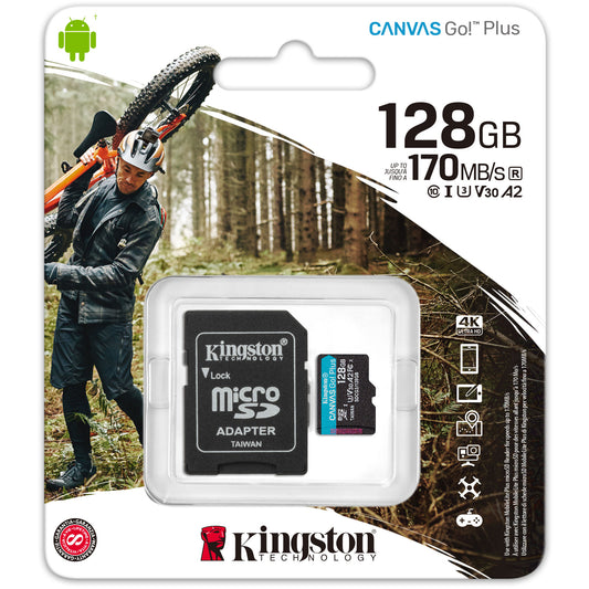 Minneskort microSDXC Kingston Canvas Go Plus, 128Gb, Klass 10 / UHS-1 U3, Med Adapter SDCG3/128GB