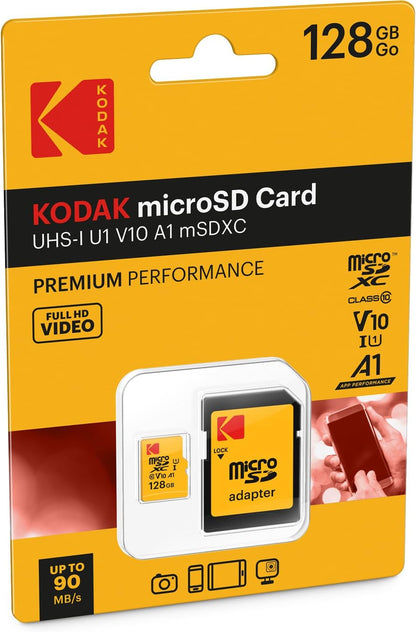 Minneskort microSDXC Kodak Premium Performance, 128Gb, Klass 10 / UHS-1 U1, Med Adapter EKMSDM128GXC10K