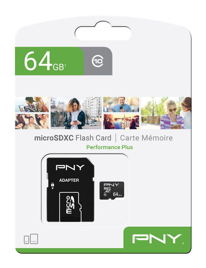 Minneskort microSDXC PNY Performance Plus, 64Gb, Klass 10, Med Adapter P-SDU64G10PPL-GE