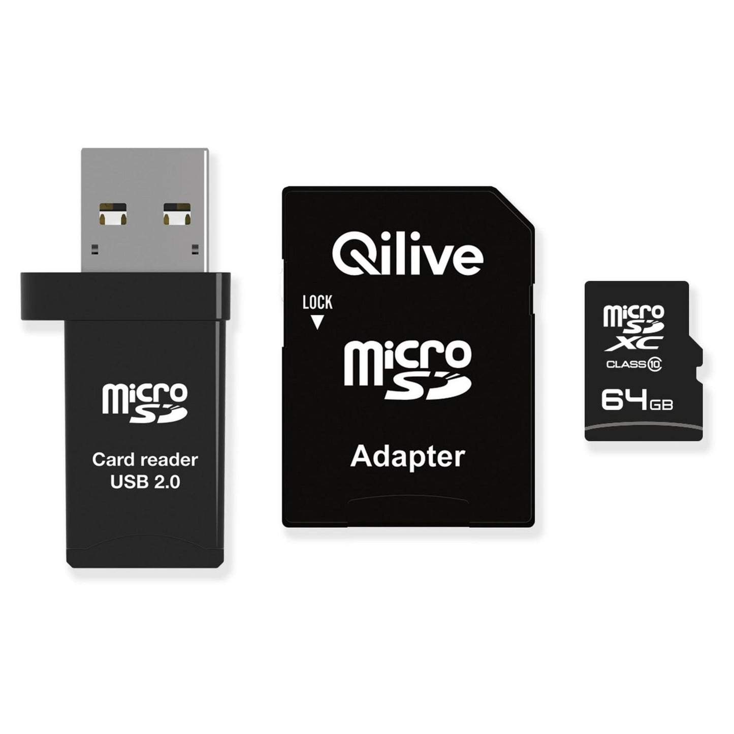 Minneskort microSDXC Qilive, 64Gb, Klass 10, Med Kortläsare och Adapter EKMSDM64GXC10QL