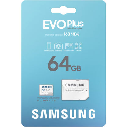 Samsung Evo Plus microSDXC-minneskort, 64Gb, Klass 10 / UHS-1 U1, Med Adapter MB-MC64SA/EU