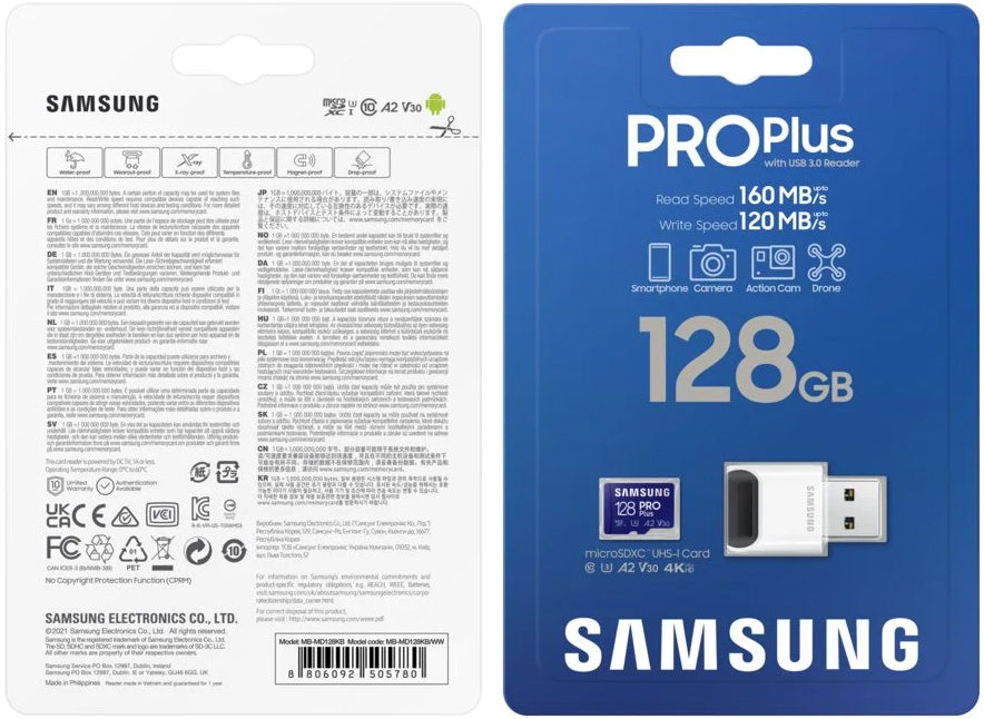 Minneskort microSDXC Samsung PRO Plus, 128Gb, Klass 10 / UHS-1 U3, Med Kortläsare och Adapter MB-MD128KB/WW