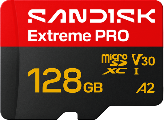SanDisk Extreme Pro A2 microSDXC-minneskort, 128GB, Klass 10 / UHS-1 U3, med adapter SDSQXCJ-128G-GS6MA