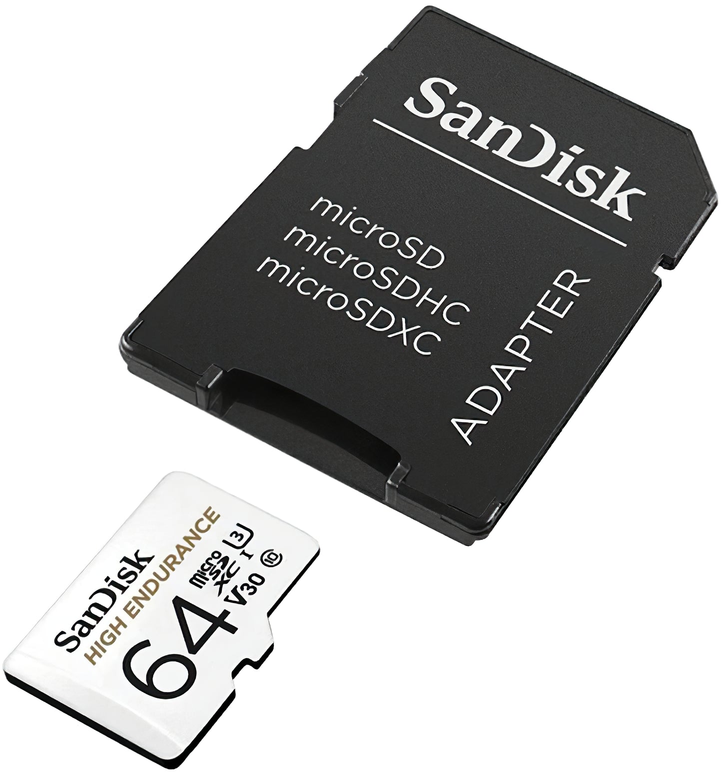 SanDisk High Endurance microSDXC-minneskort, 64Gb, Klass 10 / UHS-1 U3, Med Adapter SDSQQNR-064G-GN6IA
