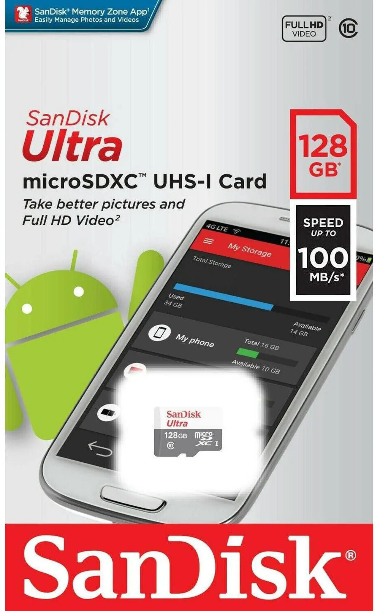 SanDisk Ultra microSDXC-minneskort, 128Gb, Klass 10 SDSQUNR-128G-GN3MN