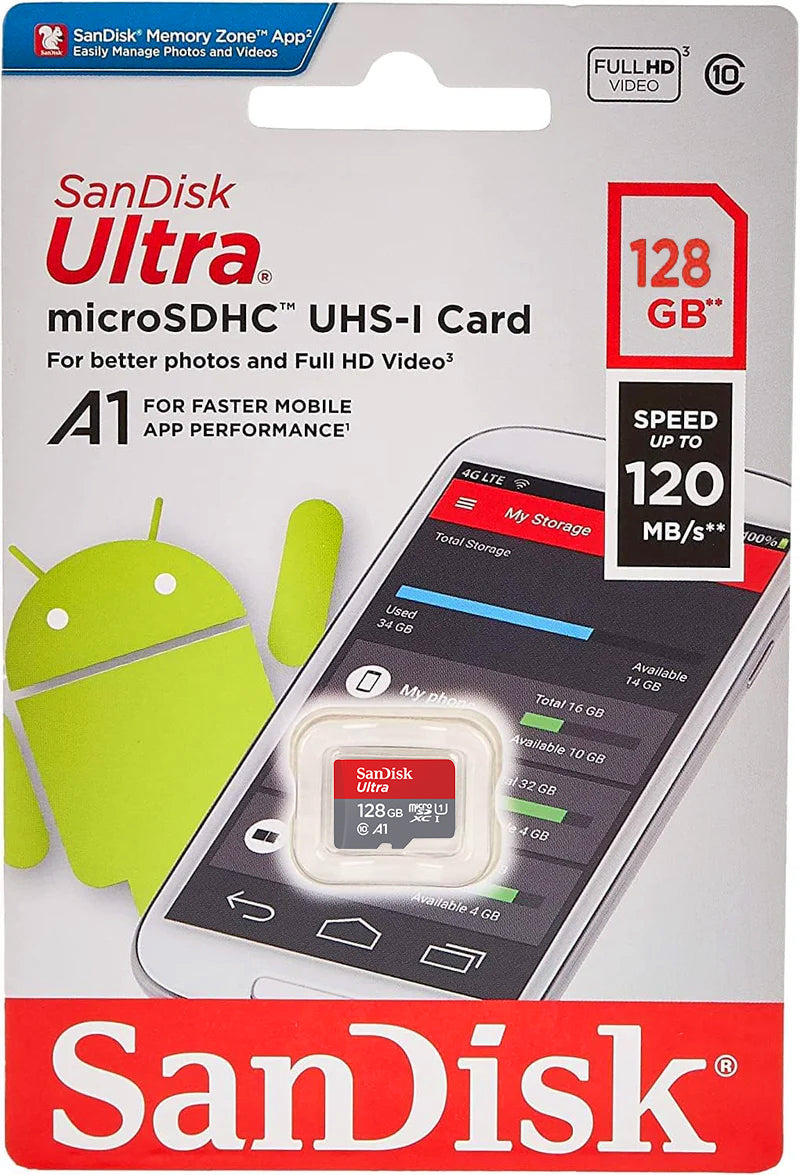 SanDisk Ultra Android A1 microSDXC-minneskort, 128GB, Klass 10 / UHS-1 U1 SDSQUAB-128G-GN6MN