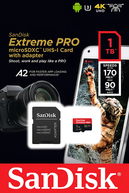 microSDXC-minneskort SanDisk Extreme Pro, 1TB, Klass 10 / UHS-1 U3, med adapter SDSQXCD-1T00-GN6MA