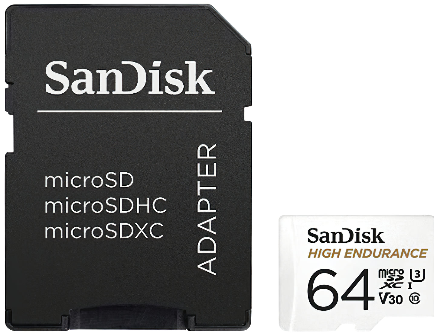 SanDisk High Endurance microSDXC-minneskort, 64Gb, Klass 10 / UHS-1 U3, Med Adapter SDSQQNR-064G-GN6IA