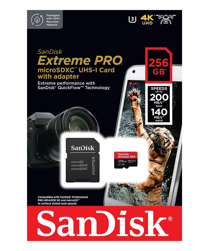 Minneskort microSDXC SanDisk Extreme Pro, 256Gb, Klass 10 / UHS-1 U3, Med Adapter SDSQXCD-256G-GN6MA