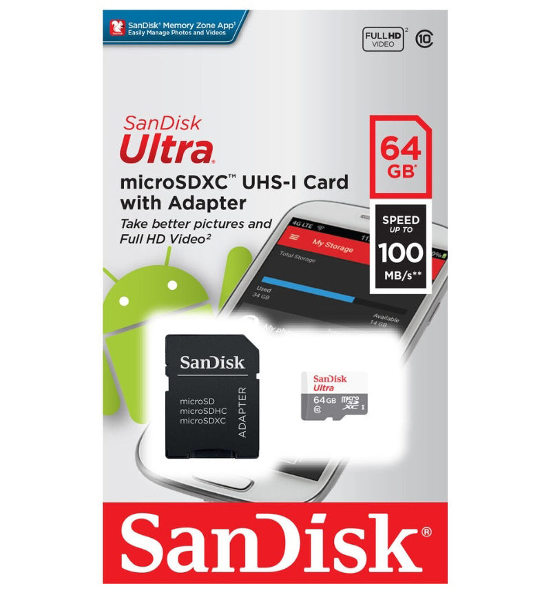 Minneskort microSDXC SanDisk Ultra, 64Gb, Klass 10, Med Adapter SDSQUNR-064G-GN6TA