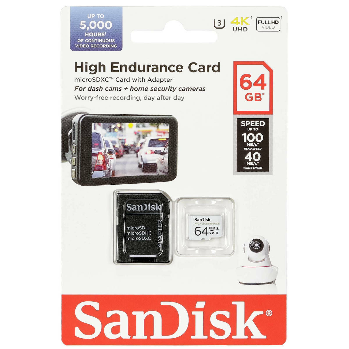 SanDisk High Endurance microSDXC-minneskort, 64Gb, Klass 10 / UHS-1 U3, Med Adapter SDSQQNR-064G-GN6IA