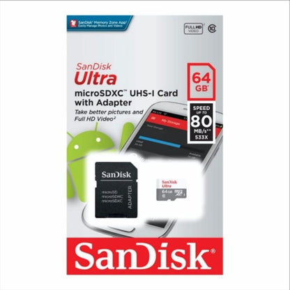 Minneskort microSDXC SanDisk Ultra, 64Gb, Klass 10, Med Adapter SDSQUNR-064G-GN3MA
