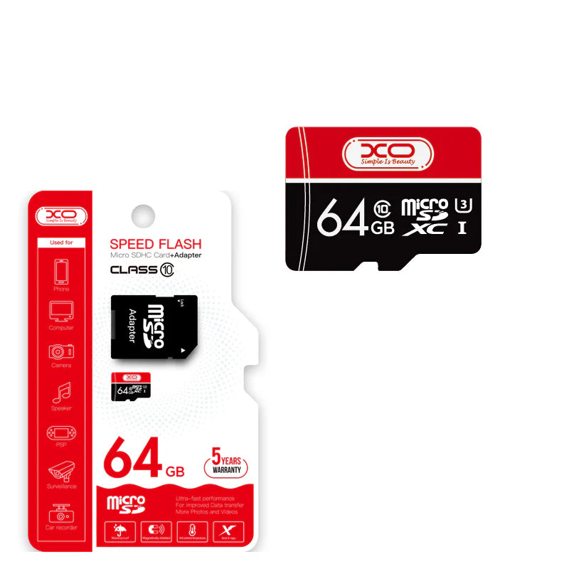 microSDXC-minneskort XO Design Speed Flash, 64GB, Klass 10 / UHS-1 U3, Med adapter